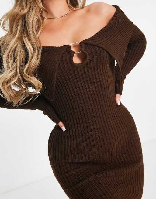 ASOS DESIGN knitted mini dress with off shoulder in brown | ASOS