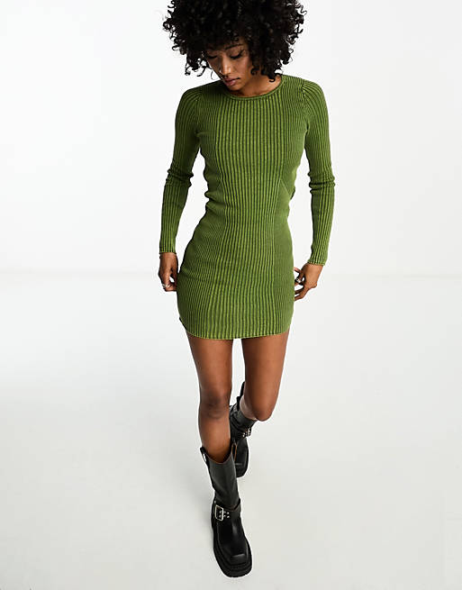 ASOS DESIGN knitted mini dress with scoop neck in acid wash in khaki | ASOS