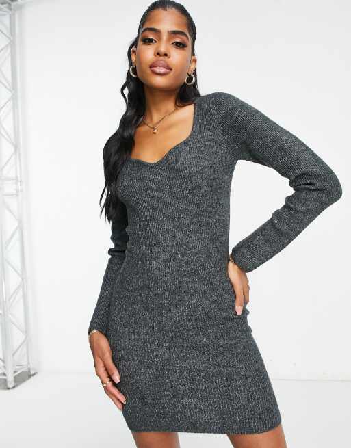 ASOS DESIGN knitted mini dress with sweetheart neckline in dark