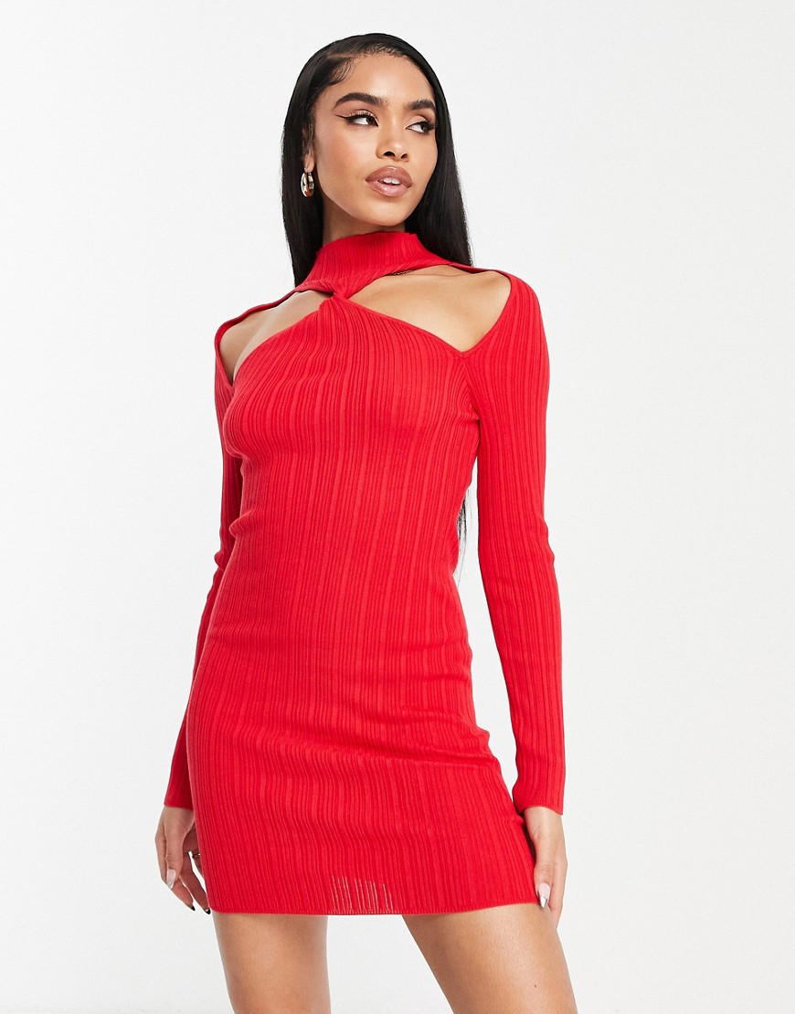 ASOS DESIGN knitted mini dress with twist front detail in red