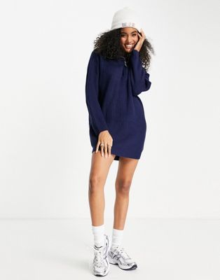 ASOS DESIGN knitted mini dress with zip collar in navy