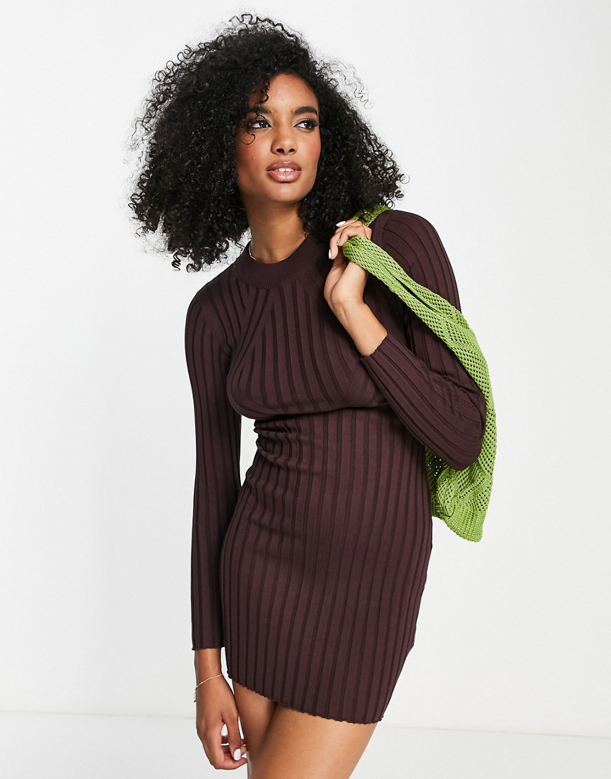 ASOS DESIGN knitted mini rib dress in brown