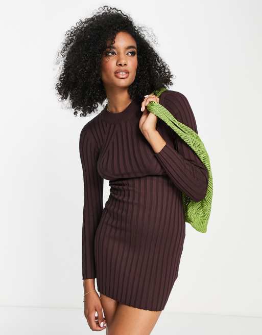 ASOS DESIGN knitted mini rib dress in brown | ASOS