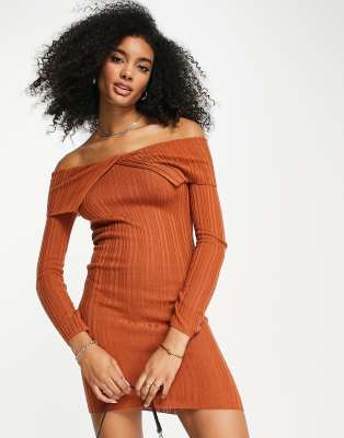 long sleeve off the shoulder ribbed dress