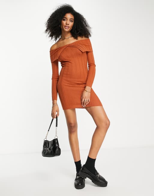 ASOS DESIGN knitted mini rib dress with off shoulder detail in brown