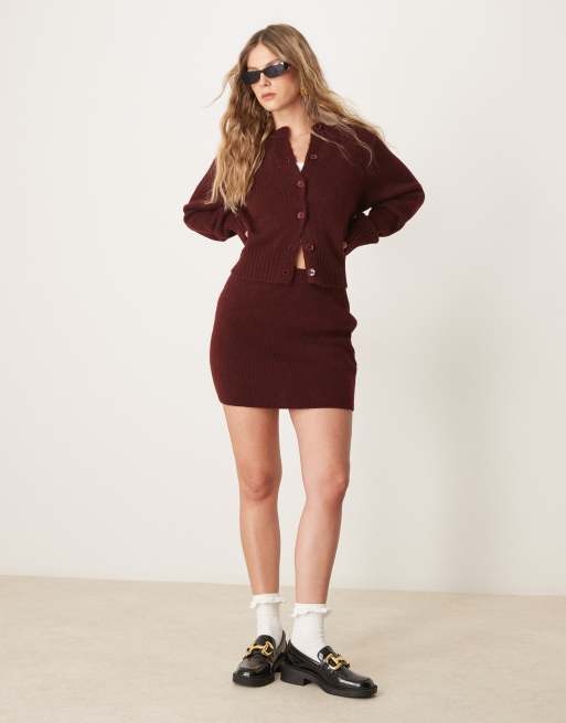 ASOS DESIGN knitted mini skirt in burgundy (part of a set)