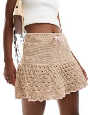 ASOS DESIGN knitted mini skirt with frill in mocha-White