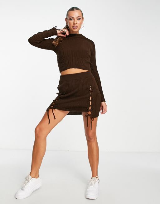 ASOS DESIGN knitted mini skirt with lace up front detail in brown - part of  a set