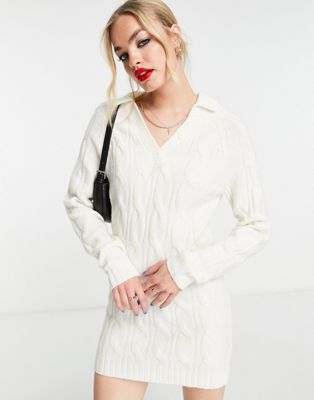 ASOS DESIGN knitted mini sweater dress with open collar in cable in cream-White