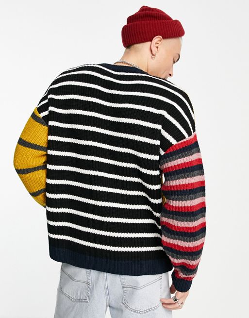 ASOS Design Sweater in Mixed Yarn Stripe in Black and white-Multi
