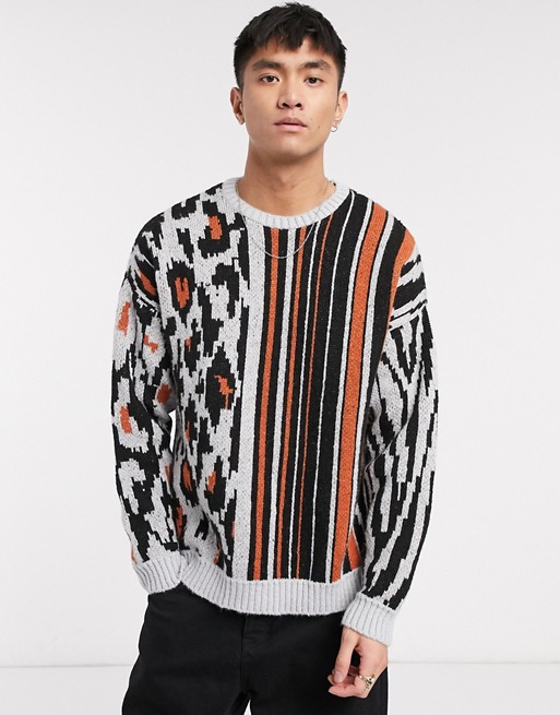ASOS DESIGN knitted mixed animal and stripe design in grey
