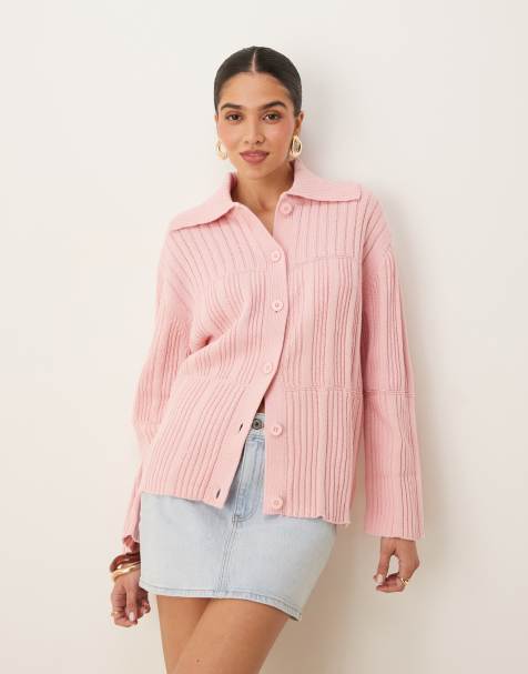 ASOS DESIGN knitted mixed rib collar cardigan in pink