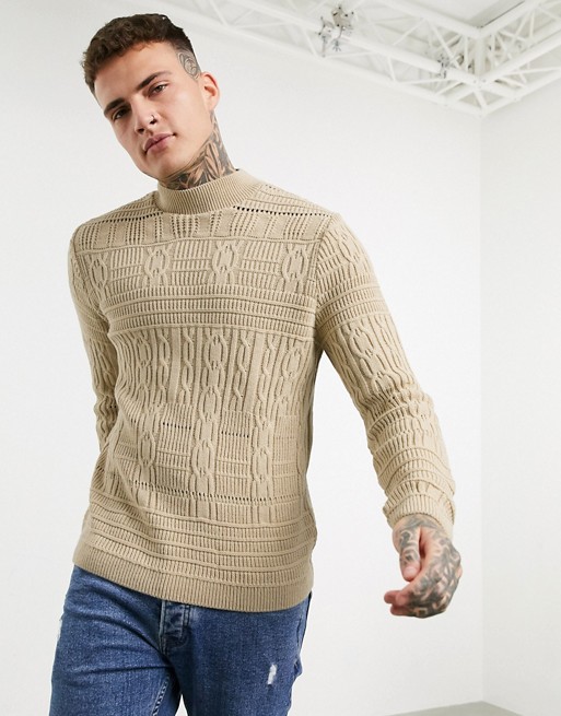 ASOS DESIGN knitted mixed texture turtle neck jumper in beige