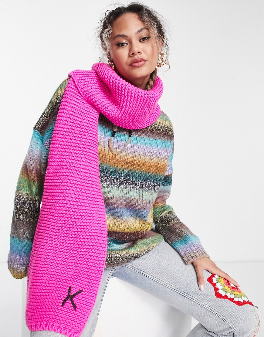 ASOS DESIGN knitted monogram scarf with K initial in pink