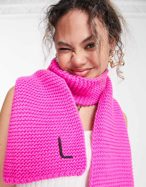 ASOS DESIGN knitted monogram scarf with L initial in pink