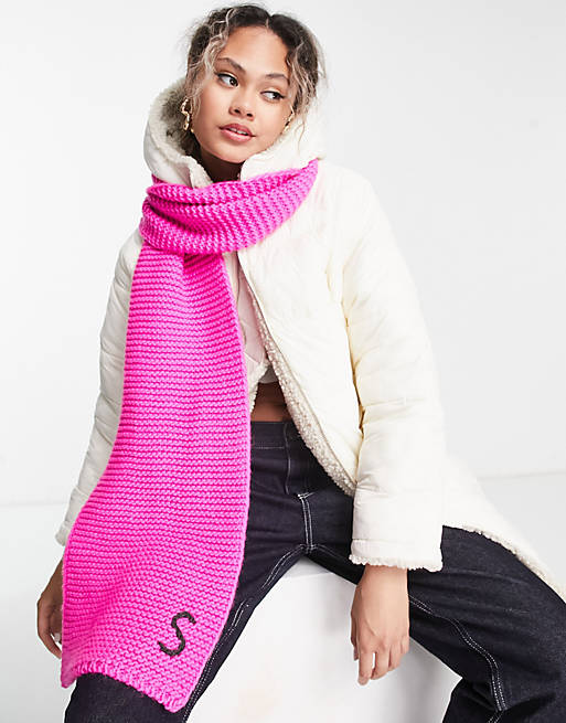 ASOS DESIGN knitted monogram scarf with S initial in pink