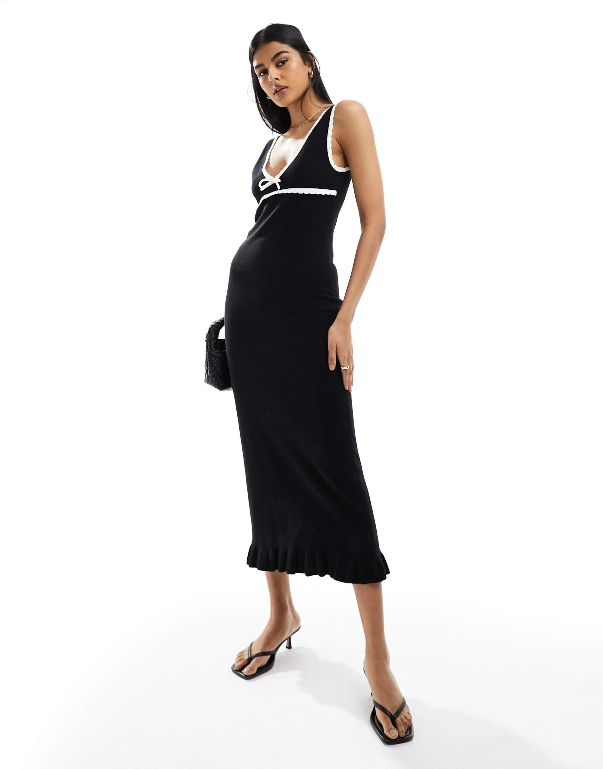 asos design knitted moss stitch maxi dress with contrast trims