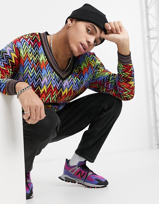 ASOS DESIGN knitted multicolour jumper in zigzag pattern