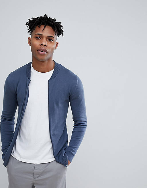 ASOS DESIGN Knitted Muscle Fit Bomber Jacket In Blue | ASOS