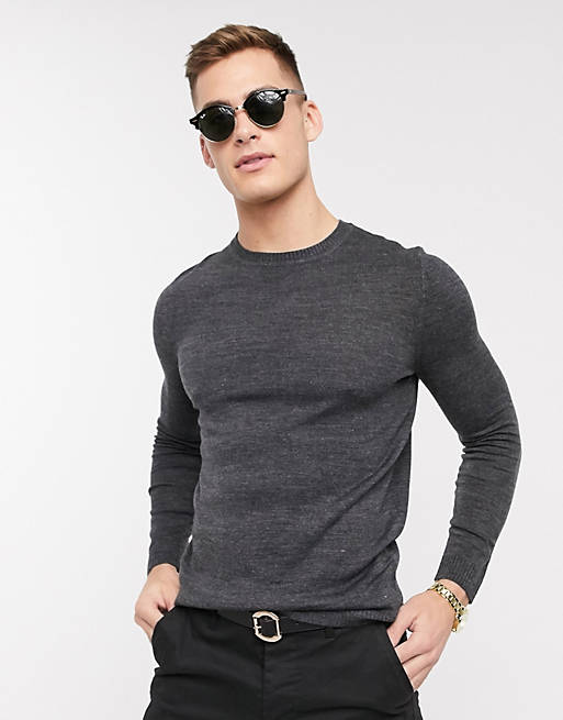 ASOS DESIGN knitted muscle fit crew neck jumper in charcoal