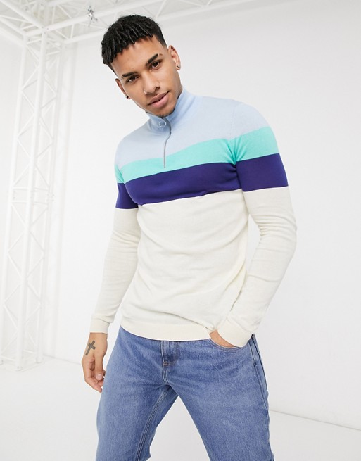 ASOS DESIGN knitted muscle fit half zip jumper with colour blocking in blue