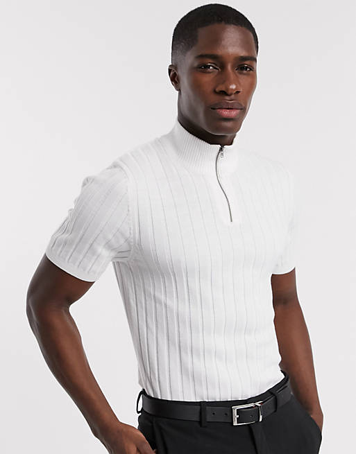 ASOS DESIGN knitted muscle fit half zip ribbed t-shirt in white | ASOS