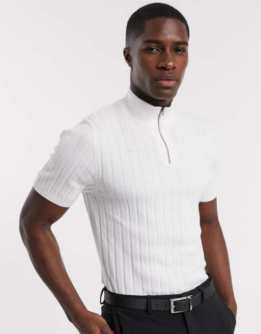 ASOS DESIGN knitted ribbed polo shirt in white