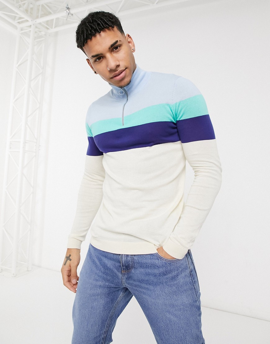 ASOS DESIGN knitted muscle fit half zip sweater with color blocking in blue-Blues