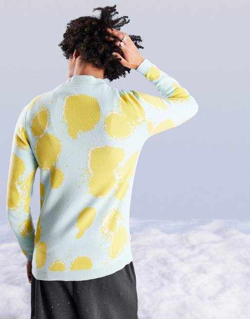 ASOS DESIGN knitted muscle fit jumper with acid splash design in mint green, 2 of 4