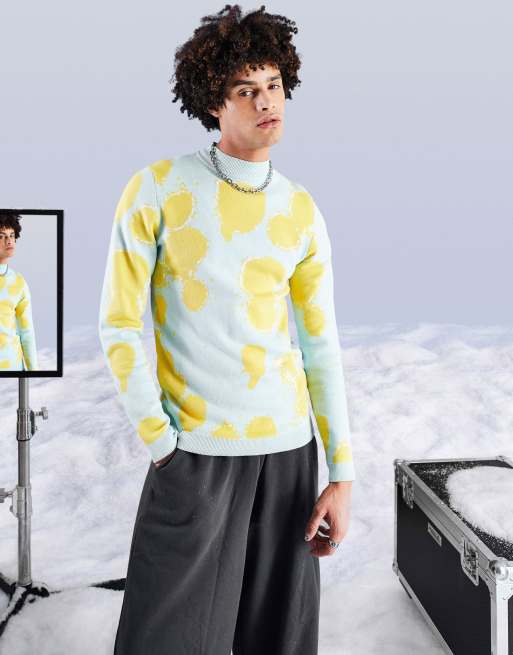 ASOS DESIGN knitted muscle fit jumper with acid splash design in mint green, 3 of 4
