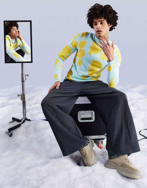 ASOS DESIGN knitted muscle fit jumper with acid splash design in mint green, 4 of 4