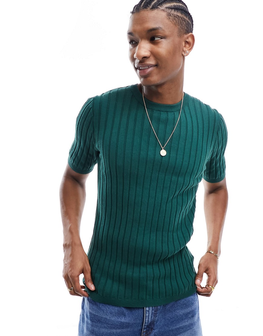 ASOS DESIGN knitted muscle fit lightweight rib t-shirt in green