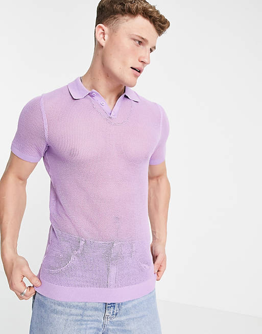 ASOS DESIGN knitted muscle fit mesh polo t-shirt in lilac