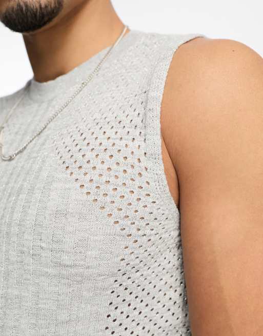 ASOS DESIGN knitted muscle fit mesh vest in silver