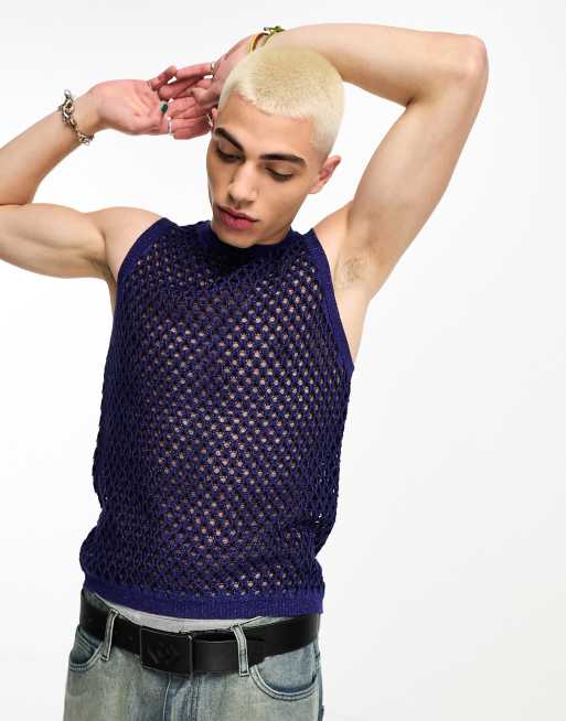 ASOS DESIGN knitted muscle fit metallic mesh singlet in navy