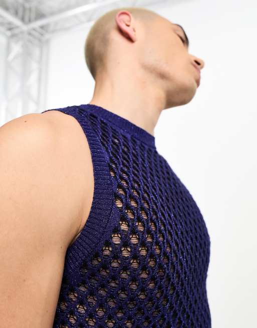 ASOS DESIGN knitted muscle fit metallic mesh vest in navy