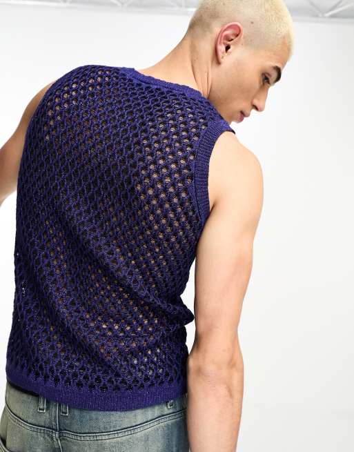 ASOS DESIGN knitted muscle fit metallic mesh vest in navy