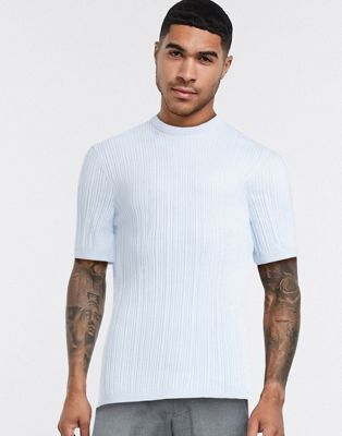 ASOS DESIGN knitted muscle fit mixed rib t-shirt in pastel blue | ASOS