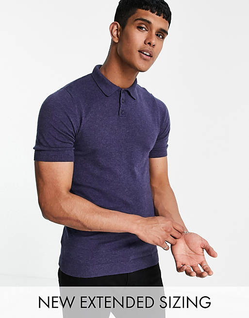ASOS DESIGN knitted muscle fit polo neck t-shirt in navy
