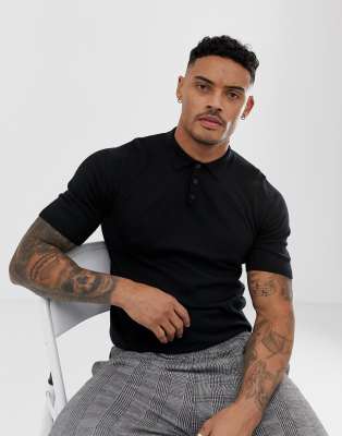 ASOS DESIGN knitted ribbed polo shirt in black