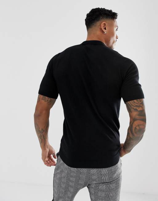 ASOS DESIGN knitted muscle fit polo shirt in black