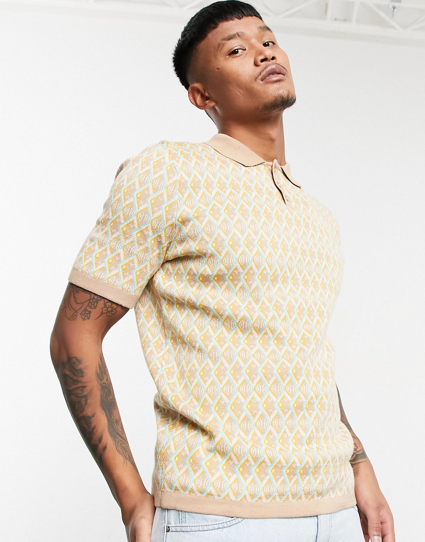 ASOS DESIGN knitted muscle fit polo with geo pattern-Multi