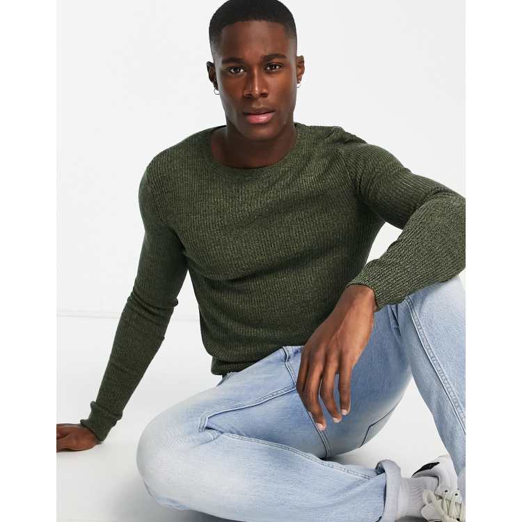 ASOS DESIGN knitted muscle fit rib crew neck jumper in khaki | ASOS