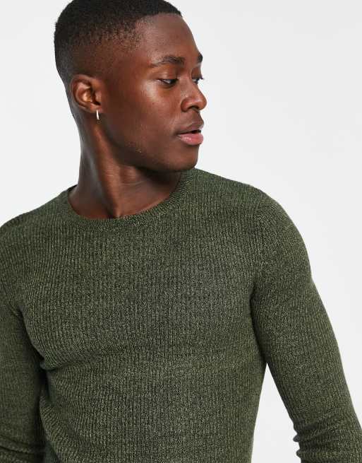 ASOS DESIGN knitted muscle fit rib crew neck jumper in khaki | ASOS