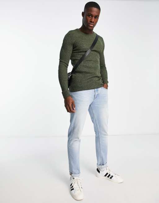 ASOS DESIGN knitted muscle fit rib crew neck jumper in khaki | ASOS