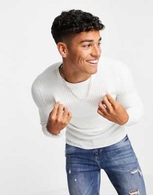 ASOS DESIGN knitted muscle fit rib crew neck jumper in white