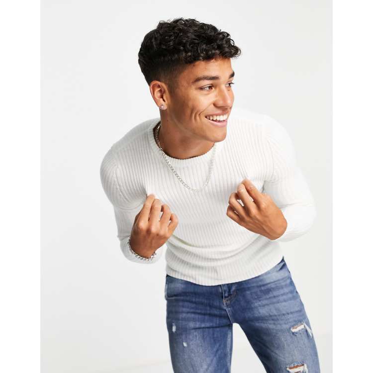 ASOS DESIGN knitted muscle fit rib crew neck jumper in white | ASOS