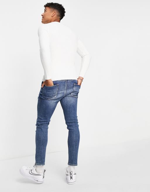 ASOS DESIGN knitted muscle fit rib crew neck jumper in white | ASOS