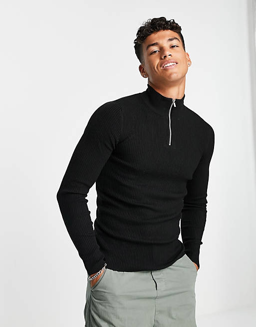 ASOS DESIGN knitted muscle fit rib half zip jumper in black | ASOS