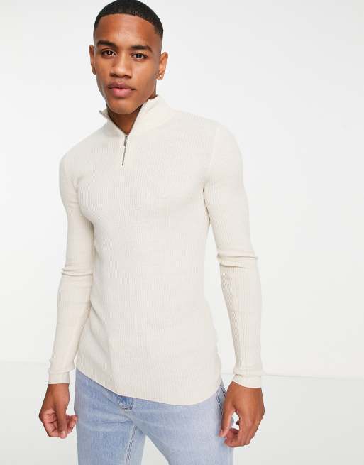 ASOS DESIGN knitted muscle fit rib half zip jumper in oatmeal | ASOS